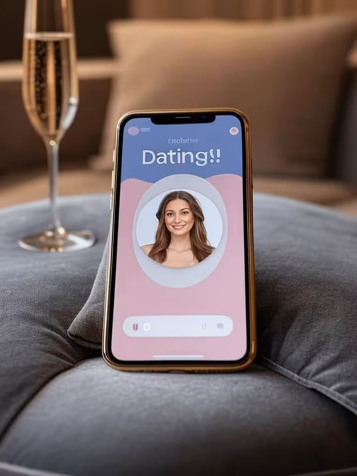 Elegant smartphone displaying exclusive dating app interface with gold accents and velvet textures,
