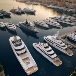 Aerial view of Monaco's Port Hercules filled with luxury superyachts at golden hour, Mediterranean c