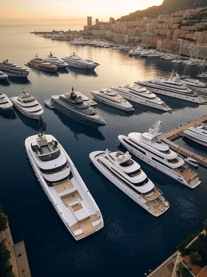Aerial view of Monaco's Port Hercules filled with luxury superyachts at golden hour, Mediterranean c