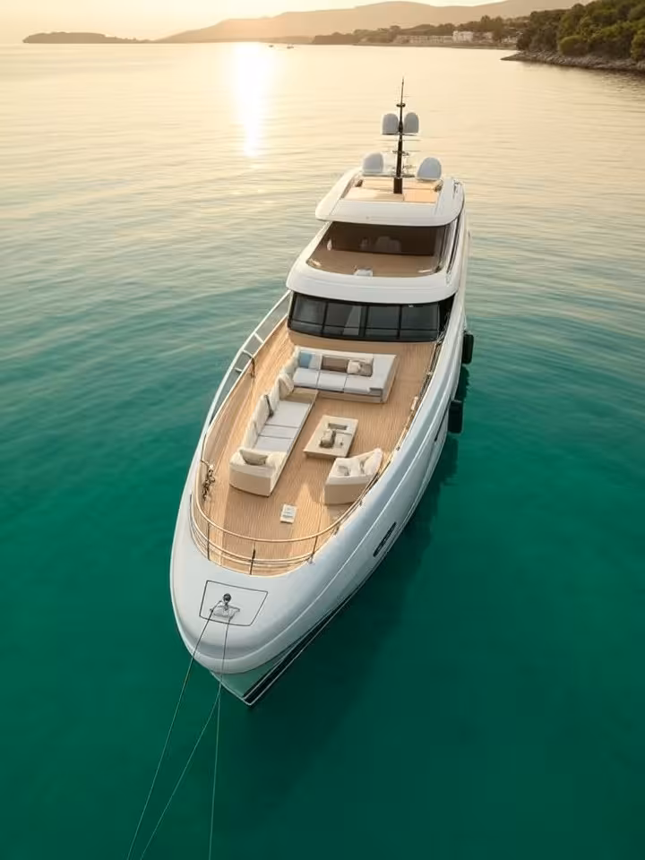 Luxurious superyacht anchored in crystal clear Mediterranean waters at golden hour, aerial view show
