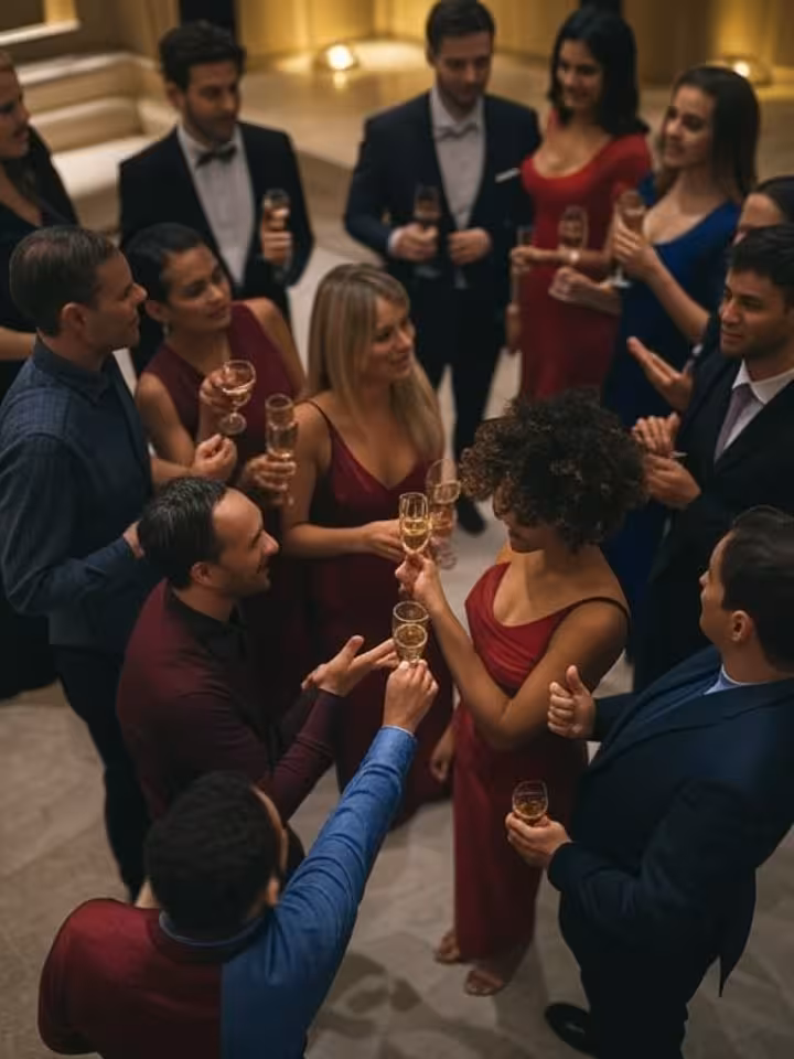 Overhead view of diverse group at exclusive cocktail party, people greeting with various gestures, c