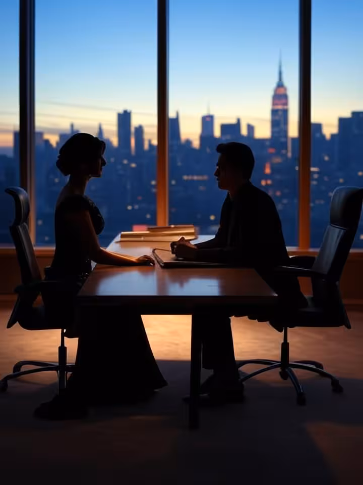 Intimate private matchmaking consultation in luxurious penthouse office, two silhouettes discussing 