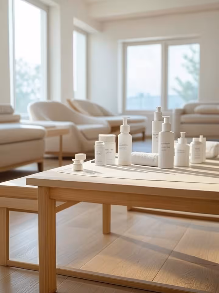 High-end wellness spa interior, minimalist design, natural light streaming through large windows, pr