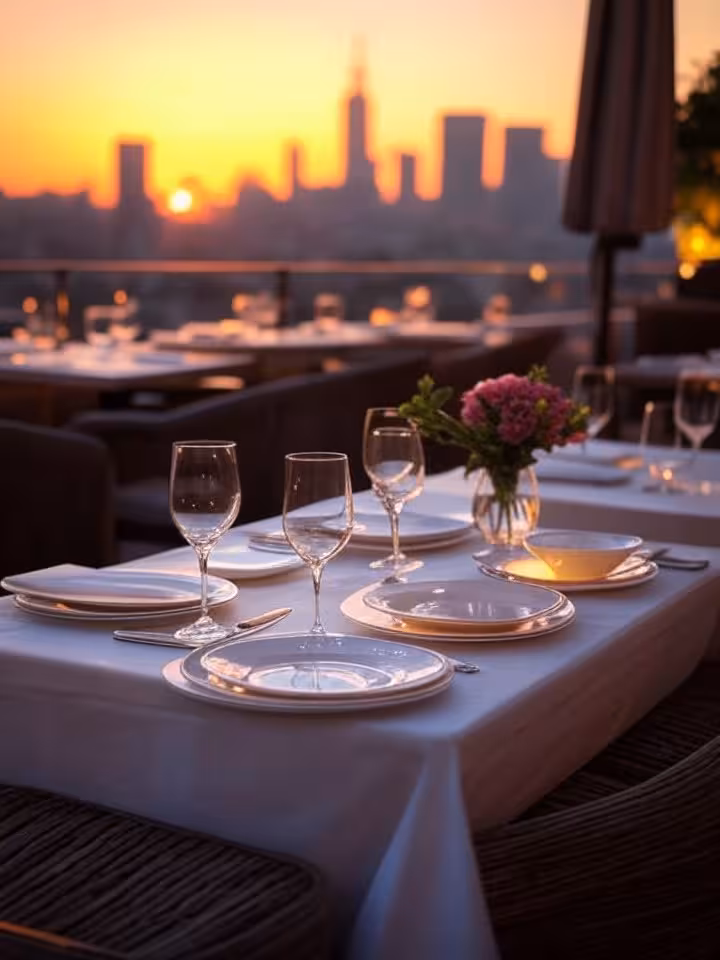 upscale restaurant terrace at sunset with city skyline view, well-lit intimate table setting, sophis