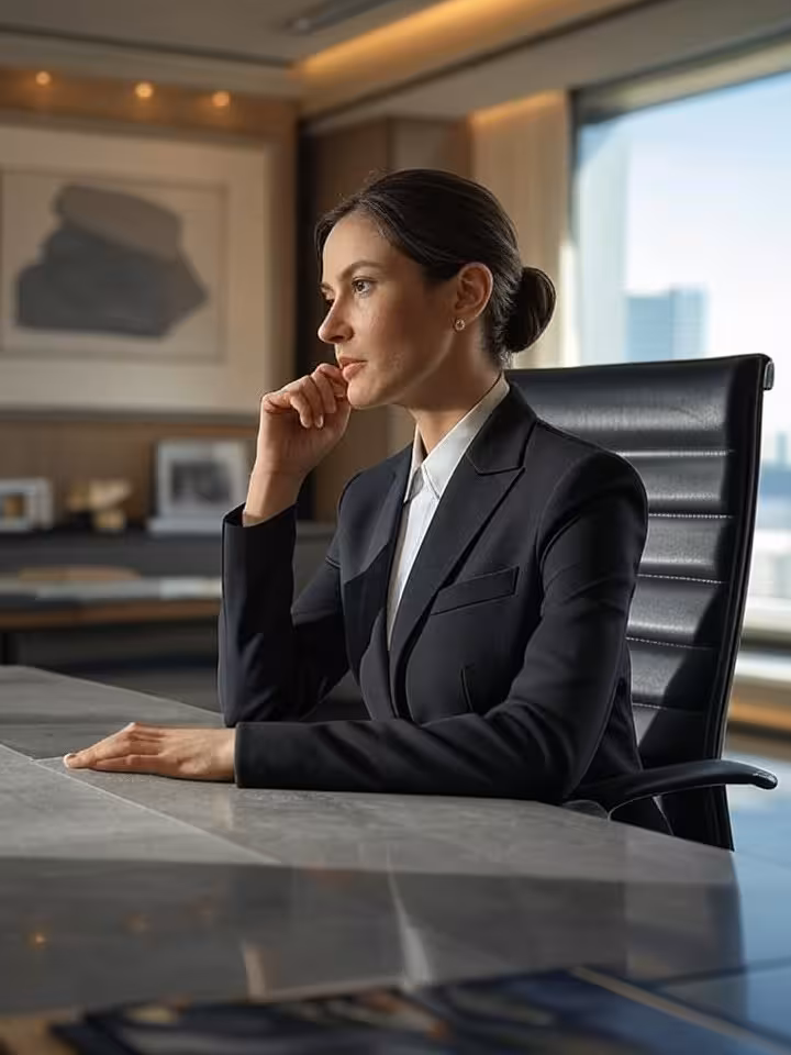 Sophisticated matchmaker consultant reviewing profiles in luxurious modern office with city skyline