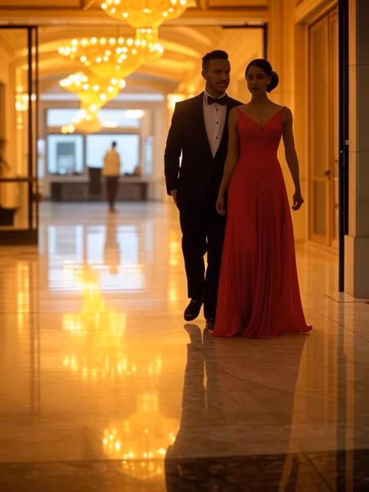 Elegant couple in evening wear walking through illuminated Casino de Monte Carlo entrance, Belle Épo