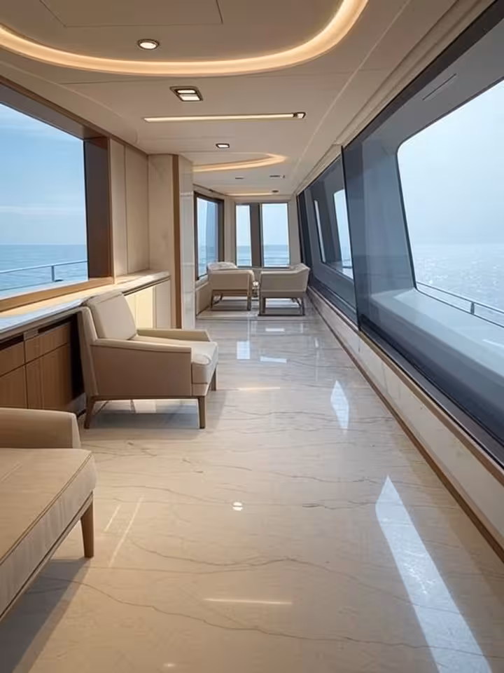 Interior of luxury yacht master cabin with panoramic ocean views, contemporary minimalist design, ma