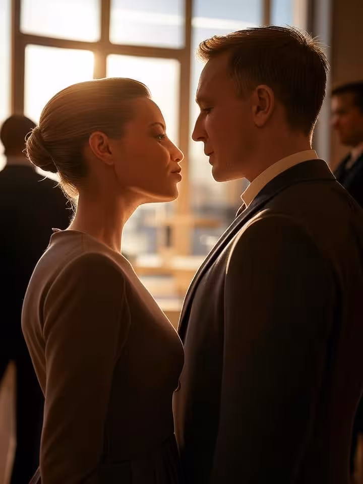 Refined woman air-kissing elegant man at upscale European art gallery opening, designer clothing, su