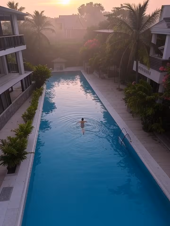 Exclusive private pool at dawn, lone swimmer doing laps, architectural luxury setting, misty morning