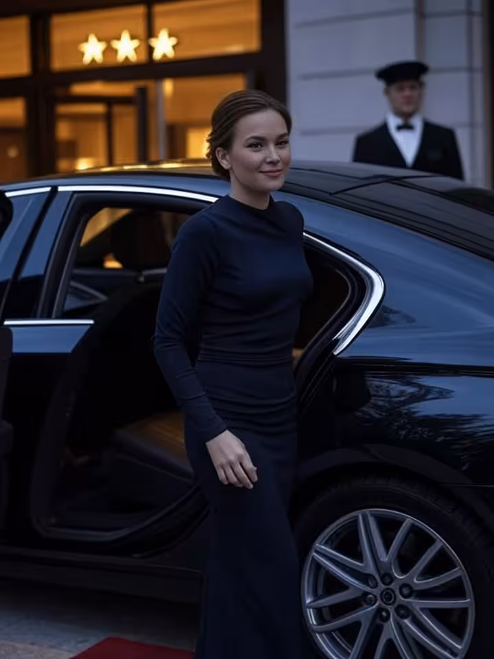 luxury car service arrival at five-star hotel entrance, elegant woman stepping out independently, do