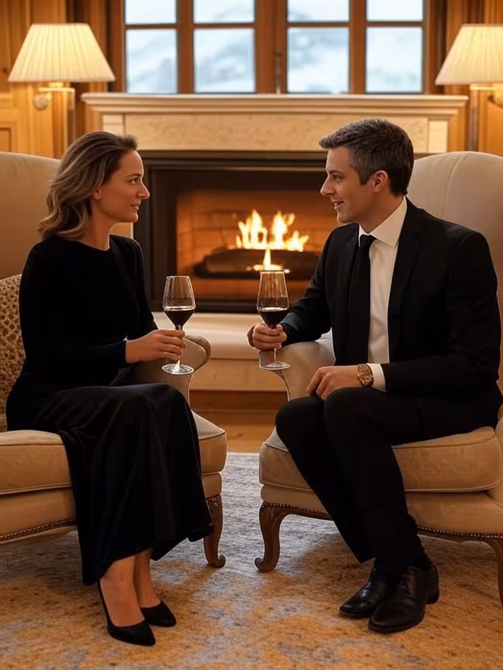 Private alpine chalet interior with fireplace, elegant couple having intimate conversation over wine