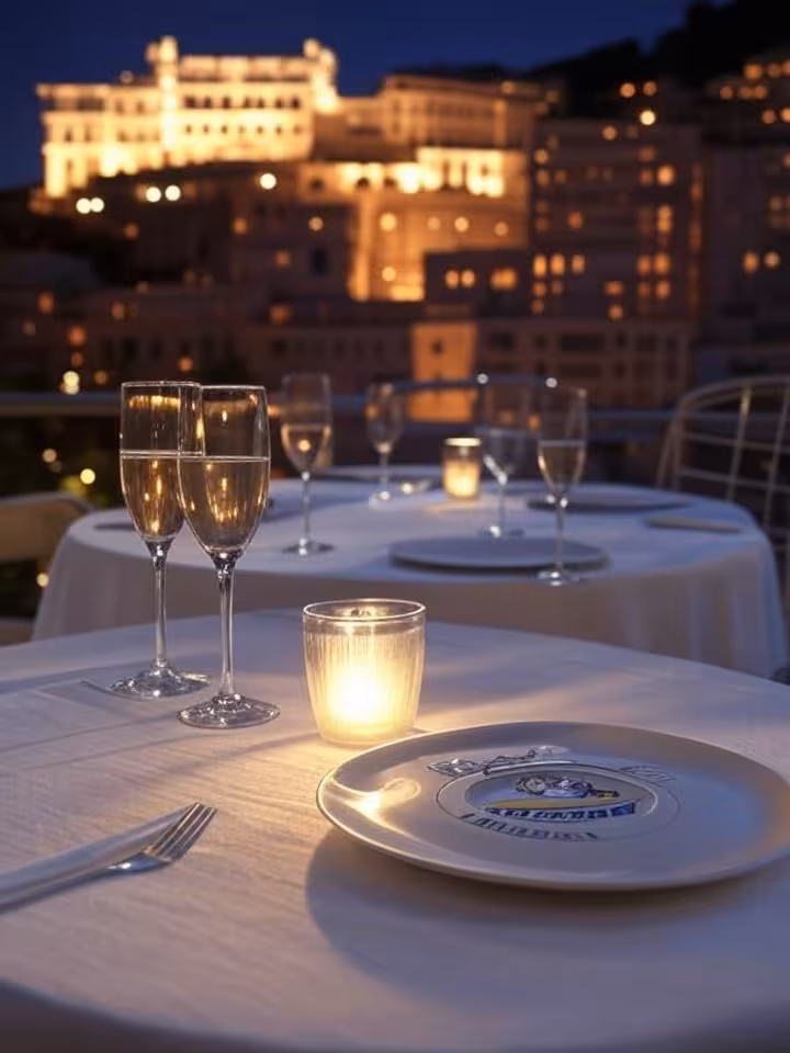 Private terrace dining setup overlooking Monaco's Palace Grimaldi at night, champagne glasses, white