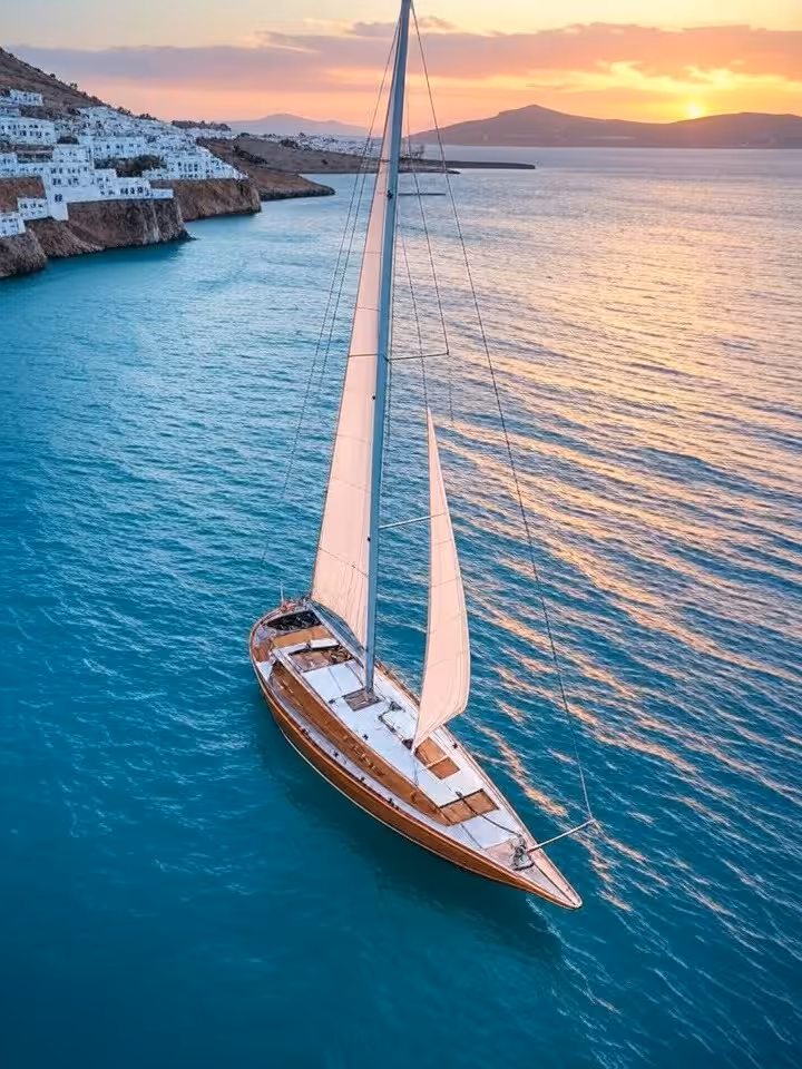 Traditional wooden gulet sailing yacht in Greek Cycladic islands, white-washed villages on cliffs in
