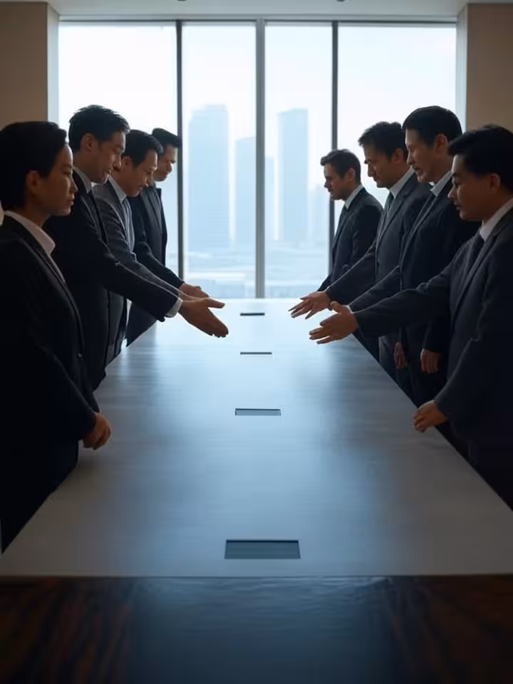 Business executives bowing slightly while shaking hands at modern minimalist Japanese-inspired board