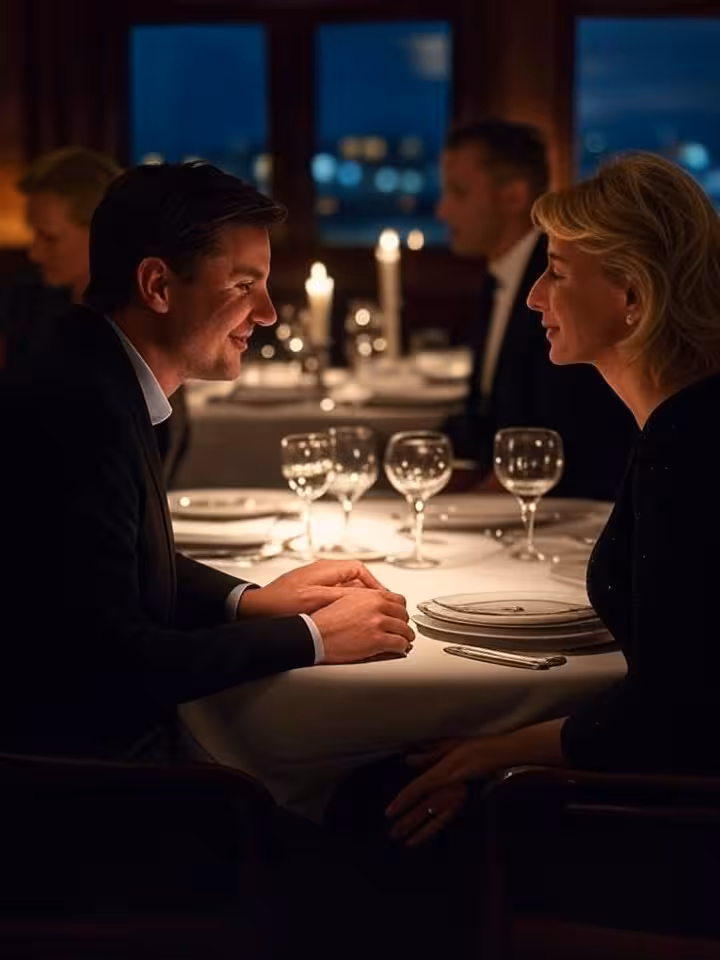 High-end restaurant private dining room with couple engaged in authentic conversation, candlelight, 