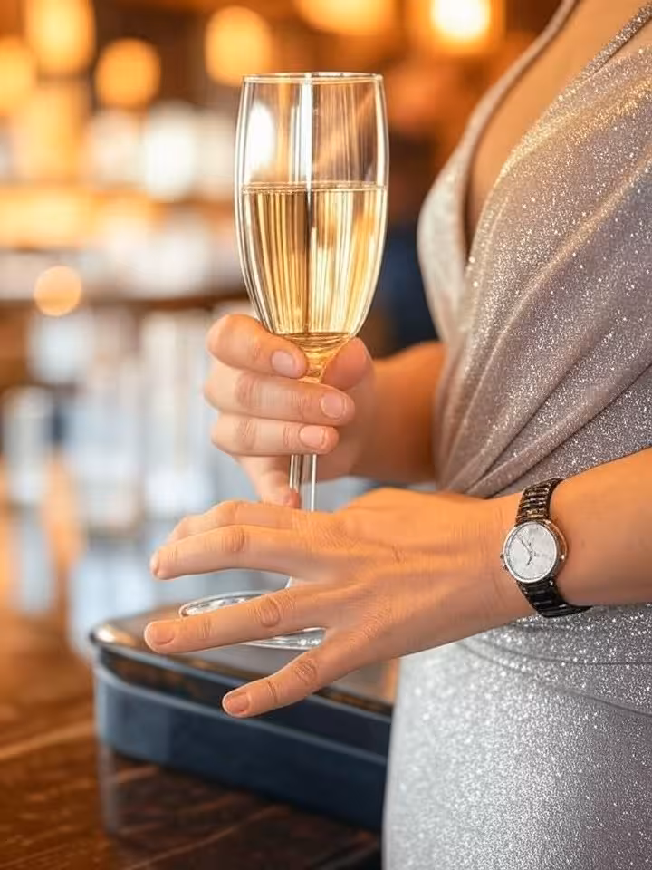 close-up of woman's hands holding champagne glass in upscale bar setting, designer watch visible, so