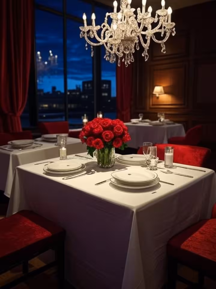 High-end restaurant private dining room with crystal chandeliers, fine table setting, romantic ambia