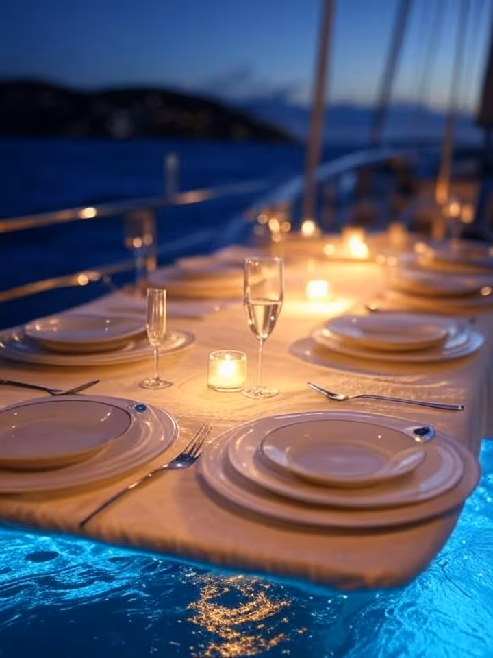 Elegant yacht deck dinner setup under stars, candlelight ambiance, fine dining table with champagne 