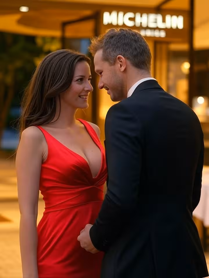 Romantic couple greeting at entrance of Michelin-starred restaurant, woman in evening gown, man in t