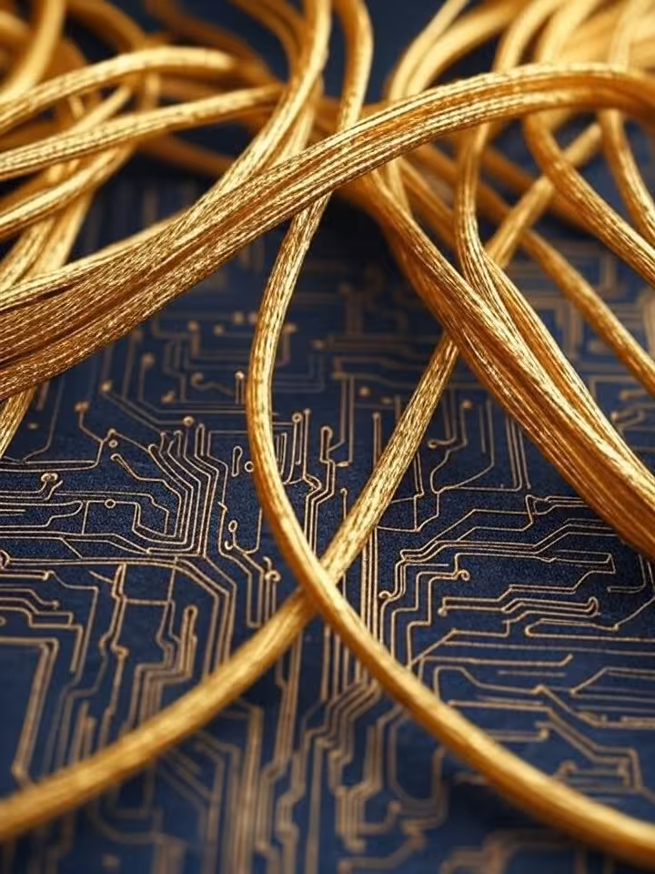 Abstract conceptual image of intertwined golden threads and digital circuit patterns, representing f