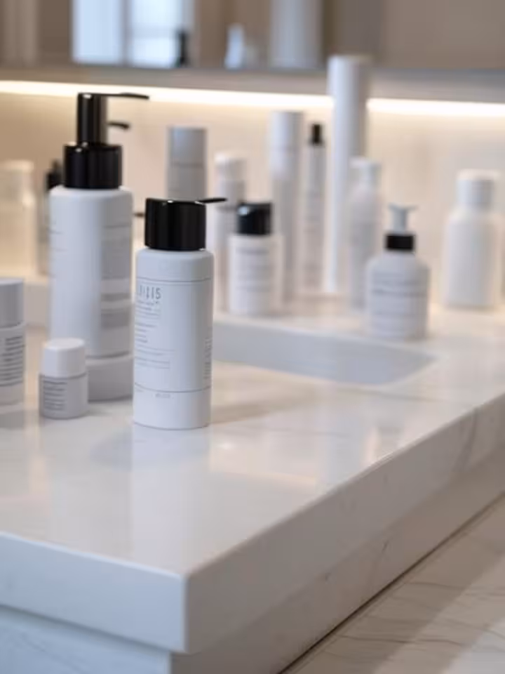 Premium skincare ritual setup, marble bathroom counter, high-end products, soft natural lighting, li