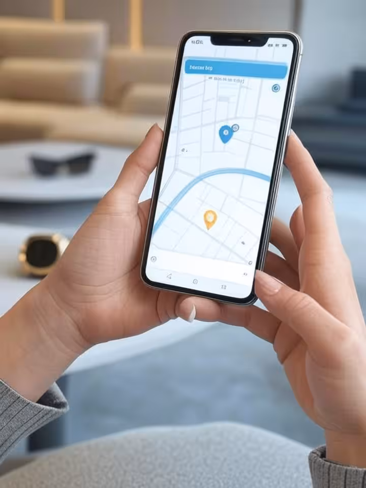 smartphone screen showing security app and location sharing interface, elegant manicured hands, luxu