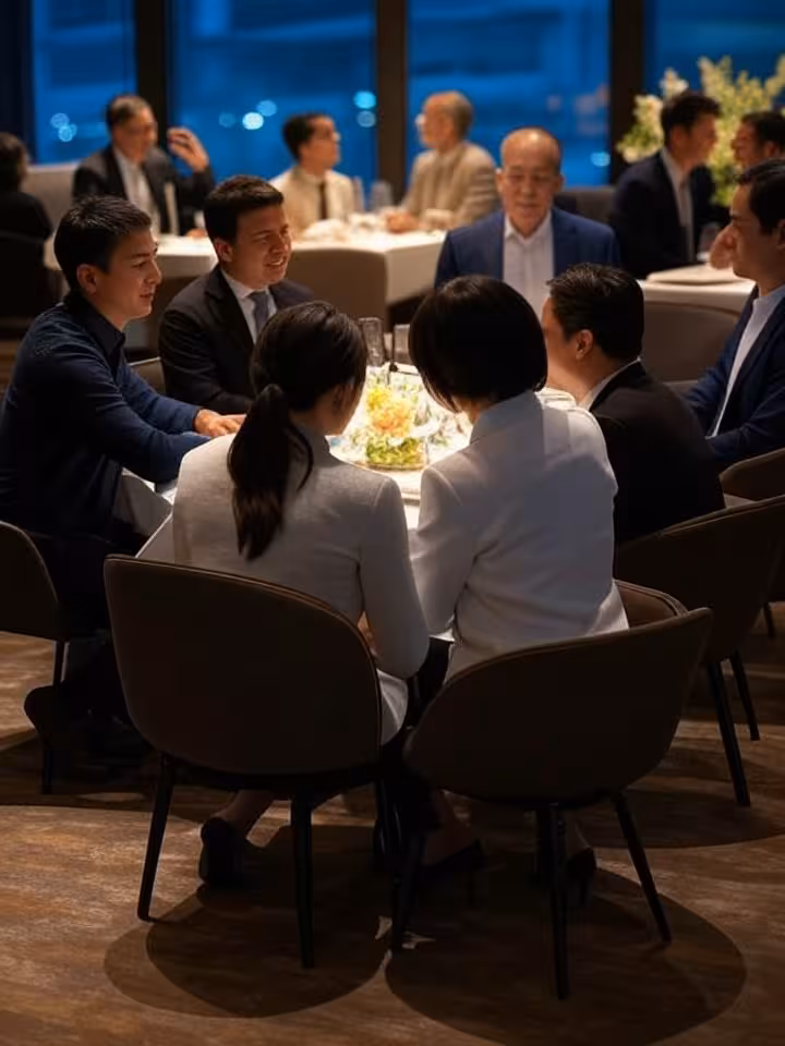 hybrid multicultural business dinner scene blending European, Asian and Middle Eastern protocol elem