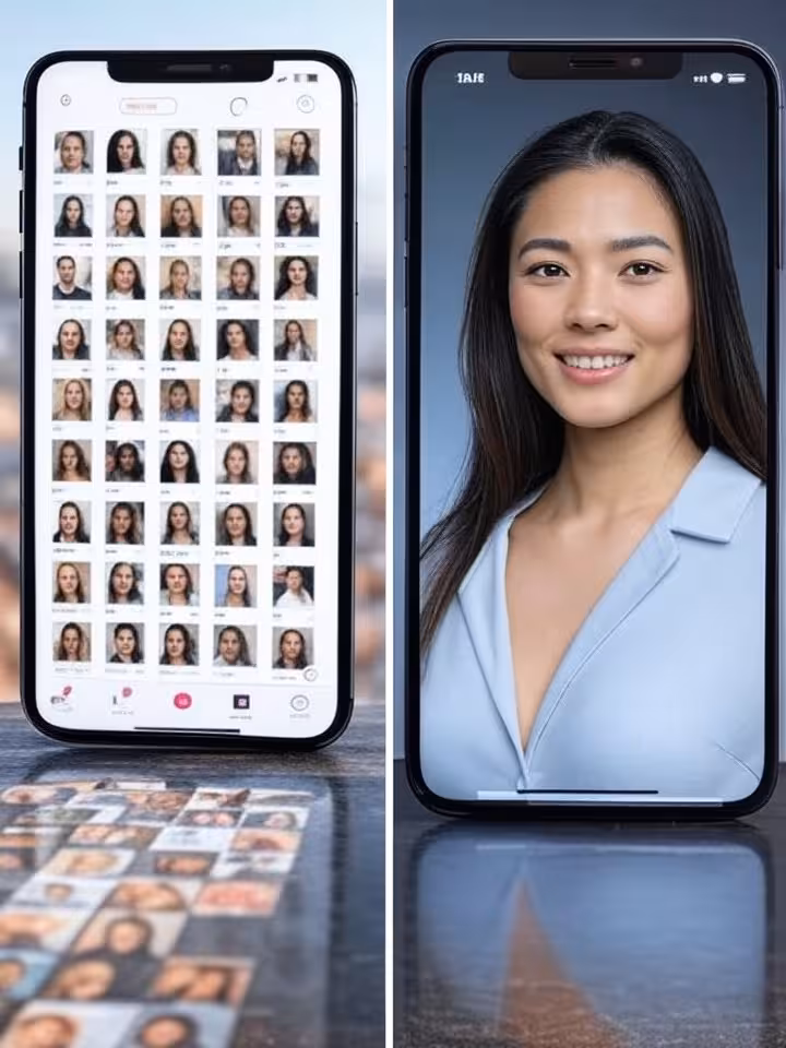 Comparison visual split screen: crowded busy dating app interface vs minimalist luxury dating platfo