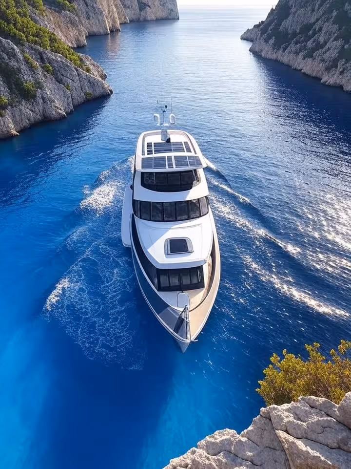 Modern hybrid eco-yacht with solar panels cruising through Croatian Dalmatian coast, dramatic limest